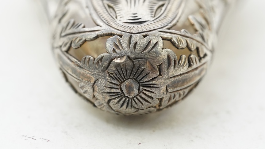 A late 19th century French parcel gilt white metal mounted and overlaid glass scent flask, with hinged cover and glass stopper